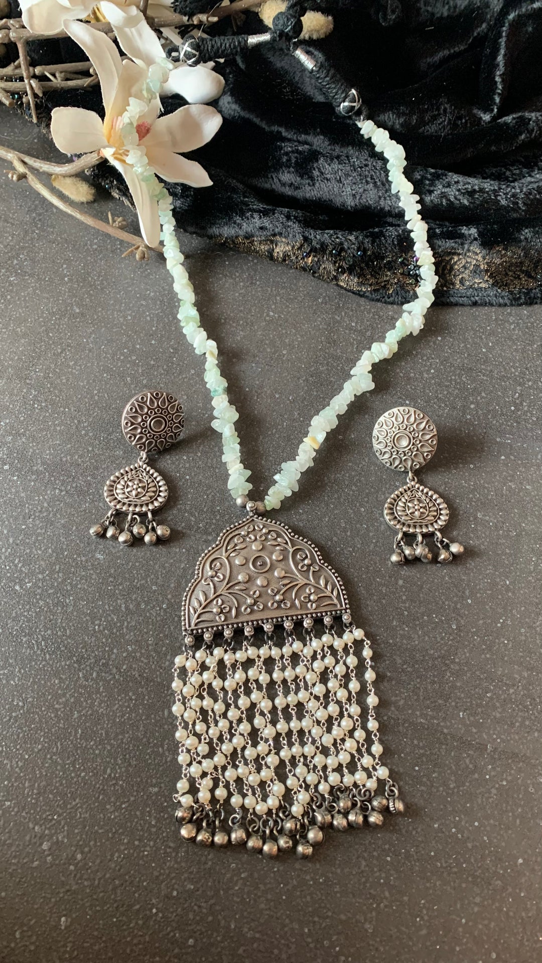 Beautiful Pendant Beaded Long Necklace with Statement Earrings