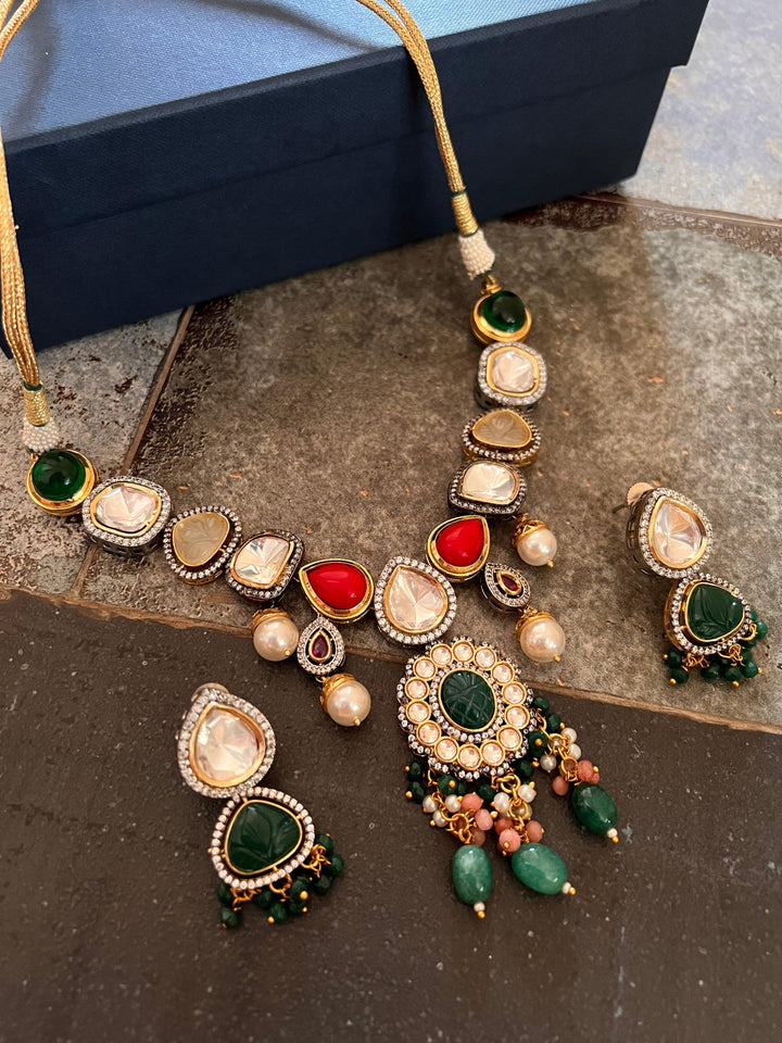 Scintillating Multicolored  Kundan Necklace with Statement Jhumka Earrings - SHIVKA