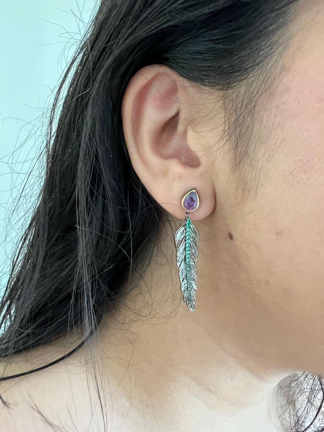 Minimalist 925 Silver Amethyst Leaf Earrings - SHIVKA