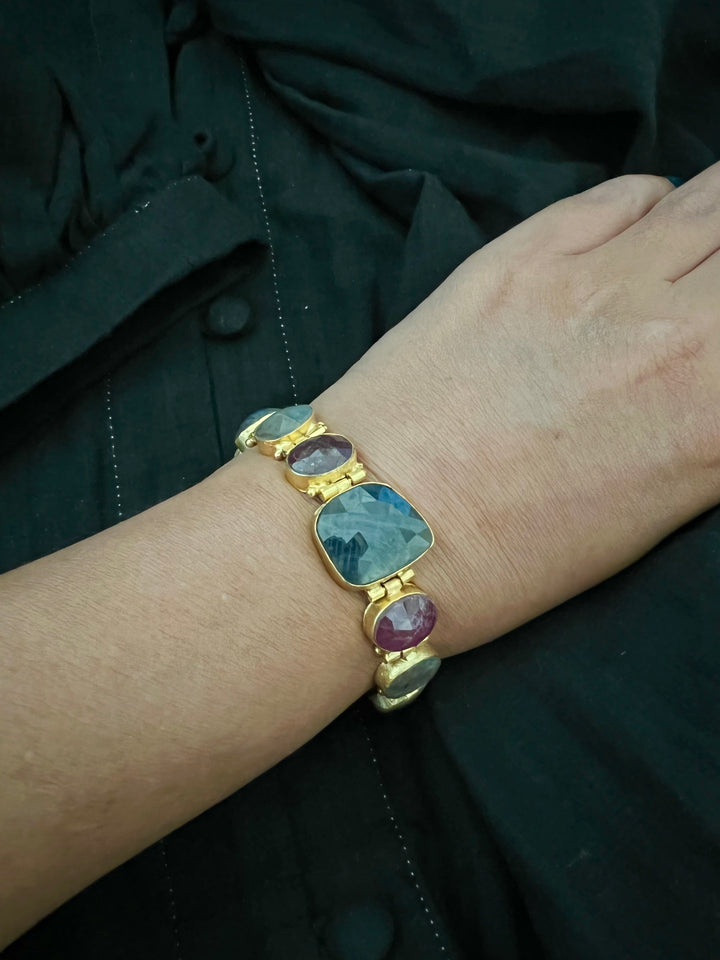 Multicolor Sapphire Stone Designer Brass Bracelet | Gold-Plated Statement Jewelry by SHIVKA