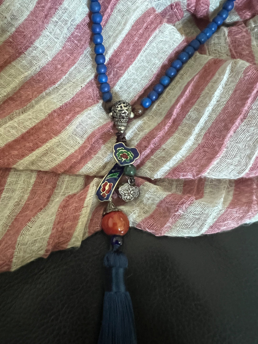 Vintage Look Enameled Pendant Necklace/ Beaded Necklace