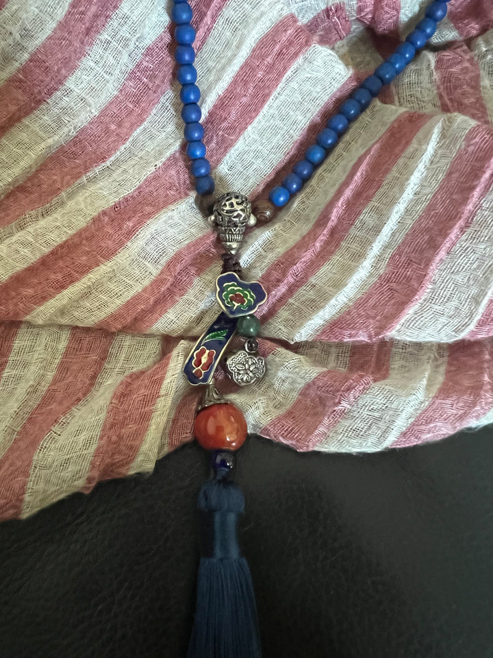 Vintage Look Enameled Pendant Necklace/ Beaded Necklace