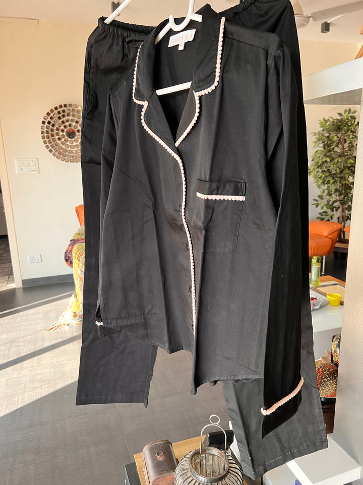 Black Print Cotton Night Suit