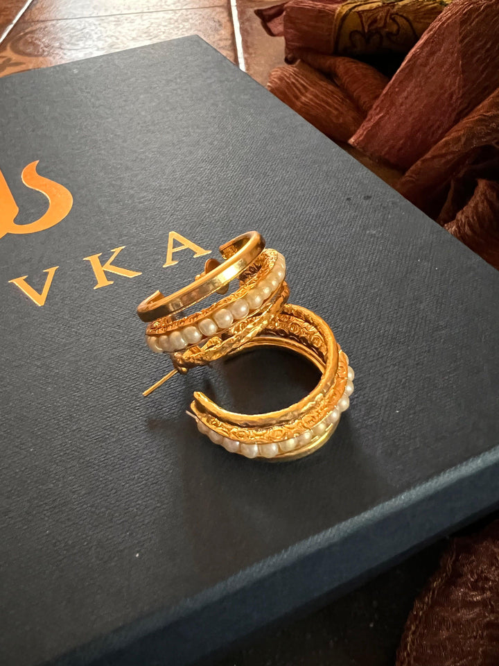 Gorgeous Gold Tone Pearl Hoops - SHIVKA