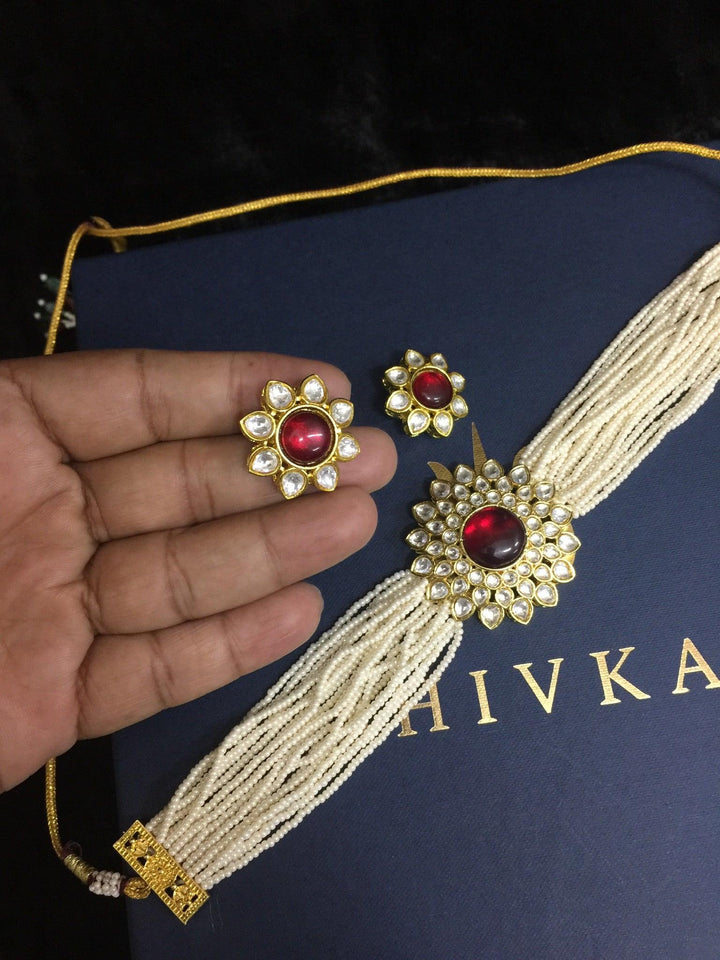 Red Kundan and Pearl Choker with Earrings - SHIVKA