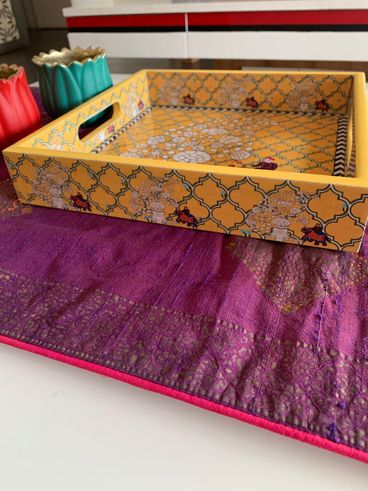 Yellow Elephant Design Enamelled Tray - SHIVKA