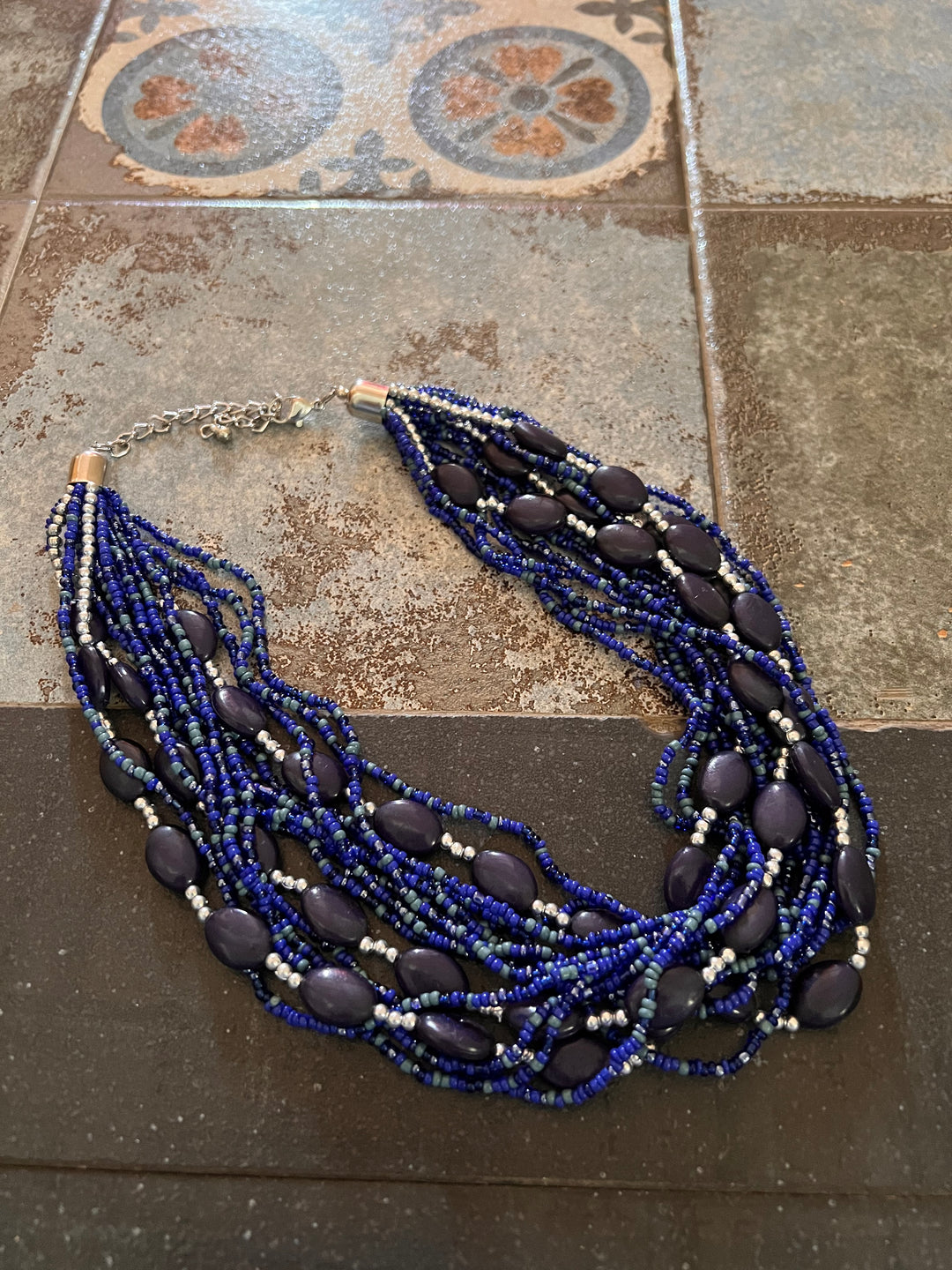 Bright Blue Beaded Necklace with Studs