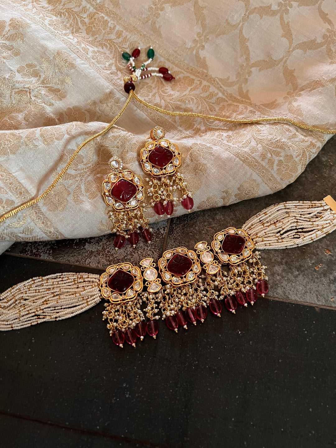 Gorgeous Carved Stone Kundan Choker with Earrings - SHIVKA