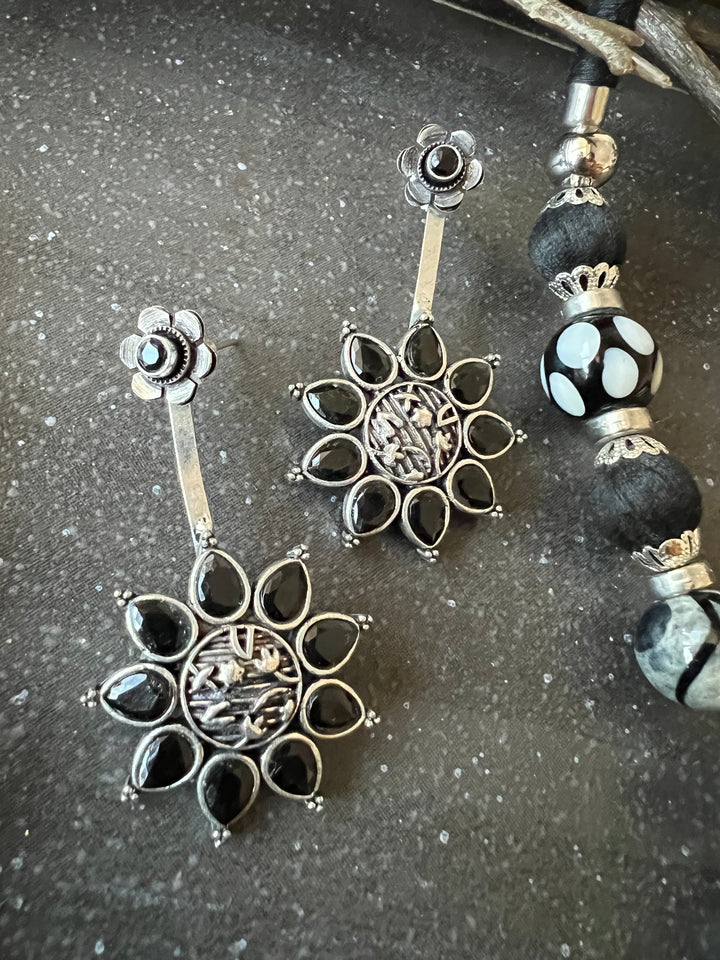 Black and Silver Beaded Necklace with Statement Earrings