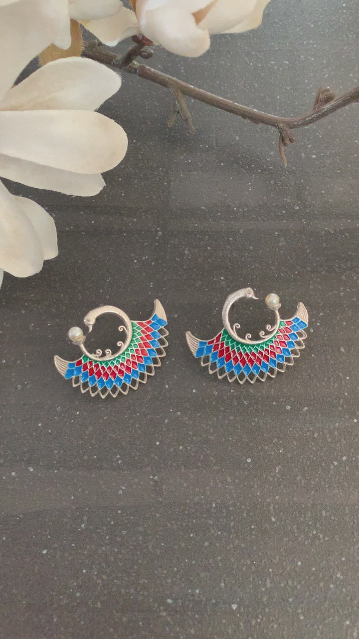 Enamelled Peacock Studs