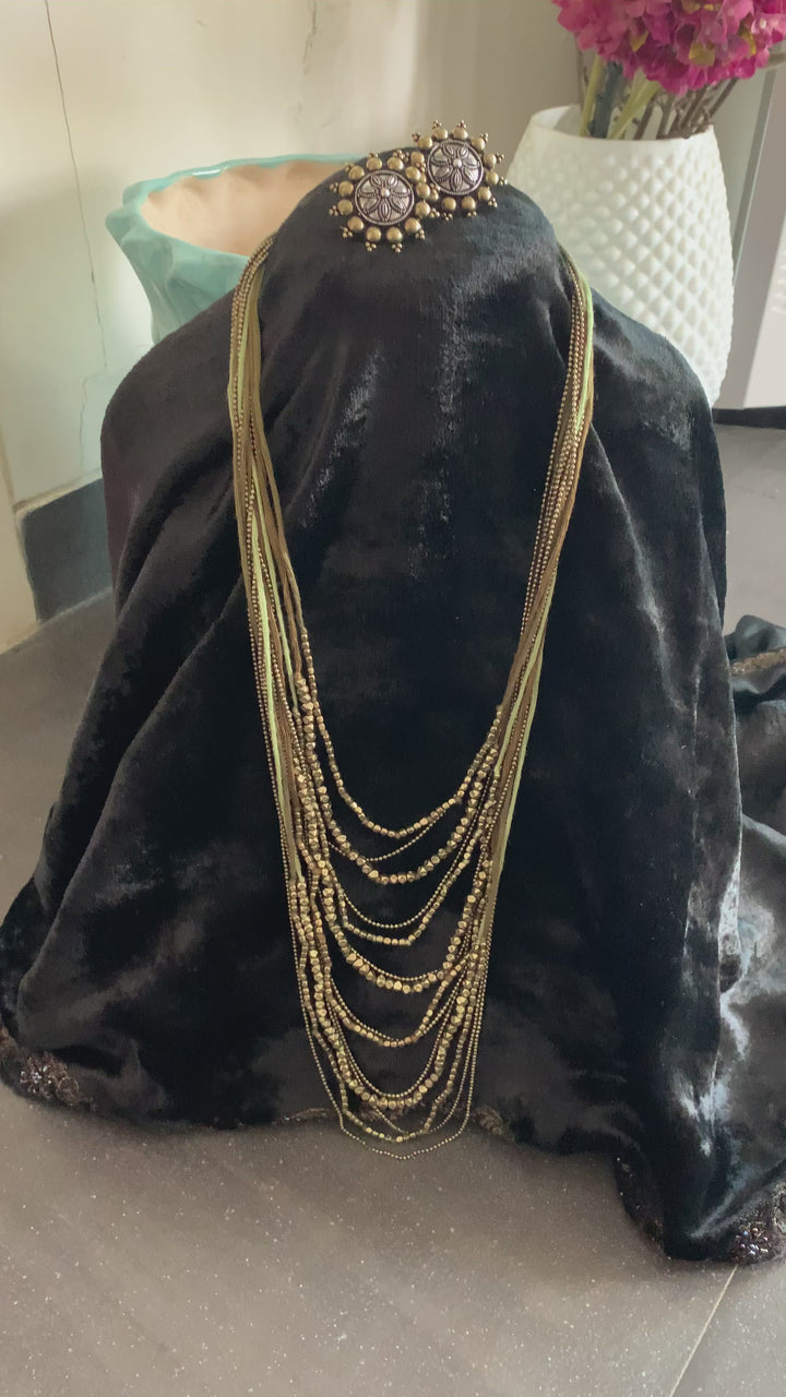 Olive Green and Antique Gold Beaded Long Necklace with Brass Studs