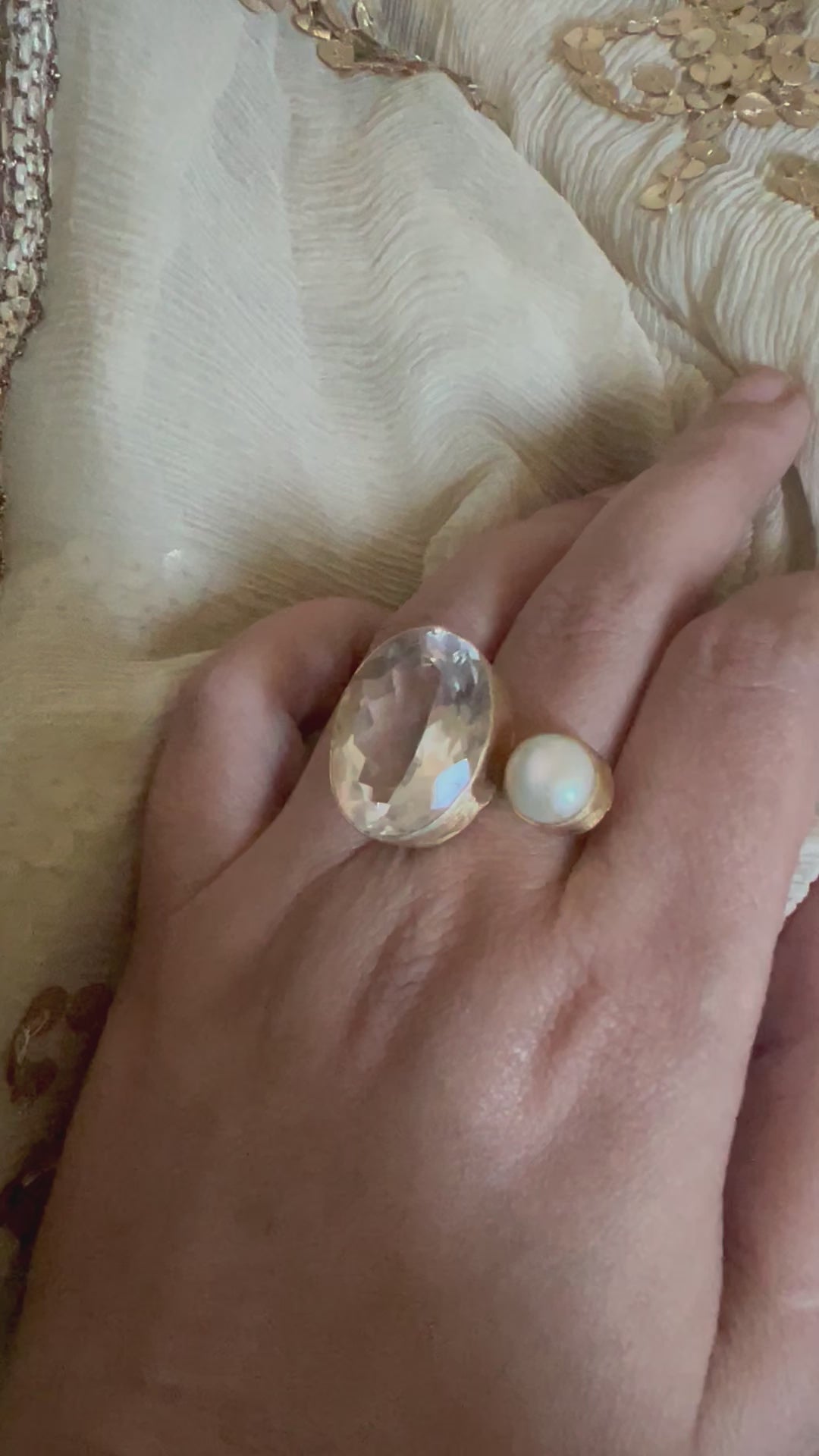 Quartz Crystal & Pearl Designer Ring | US Size 7 | Gold-Plated Statement Ring by SHIVKA