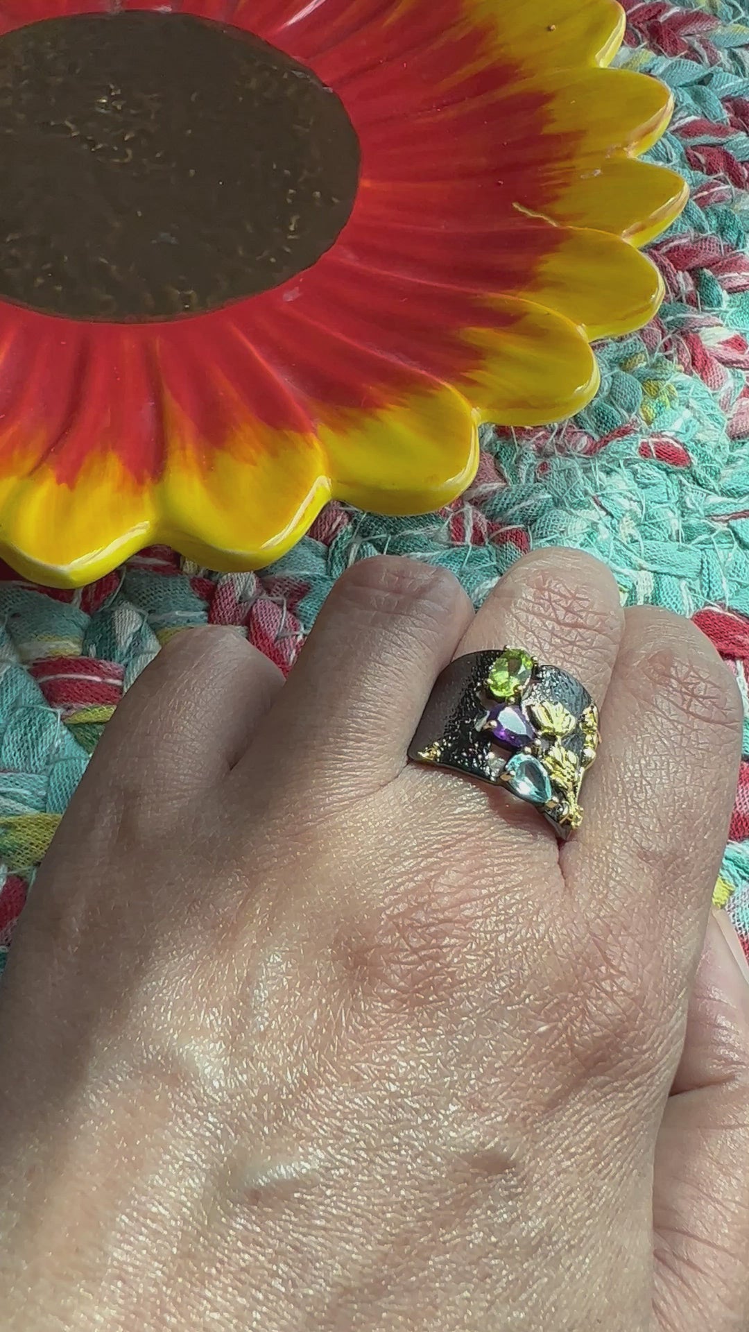 Designer Pure Silver Peridot and Amethyst Ring