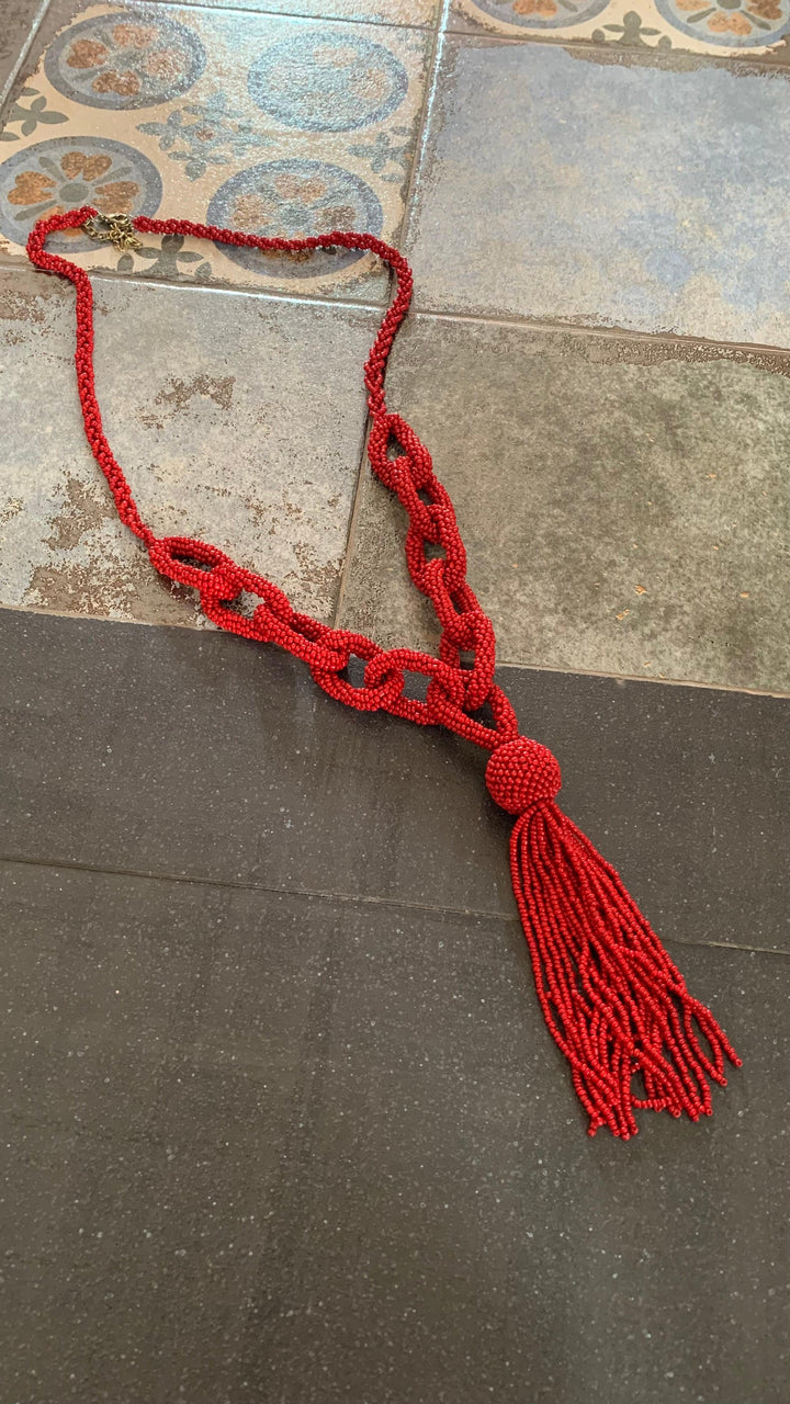 Statement Red Beaded Chain Long Necklace - SHIVKA
