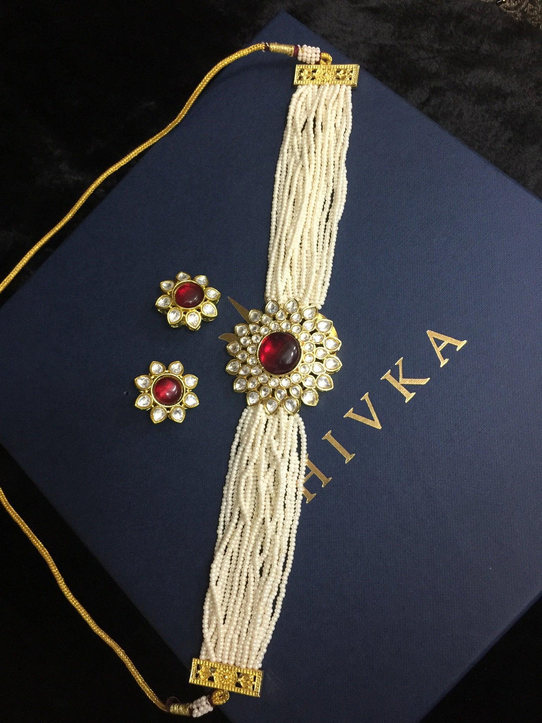 Red Kundan and Pearl Choker with Earrings - SHIVKA