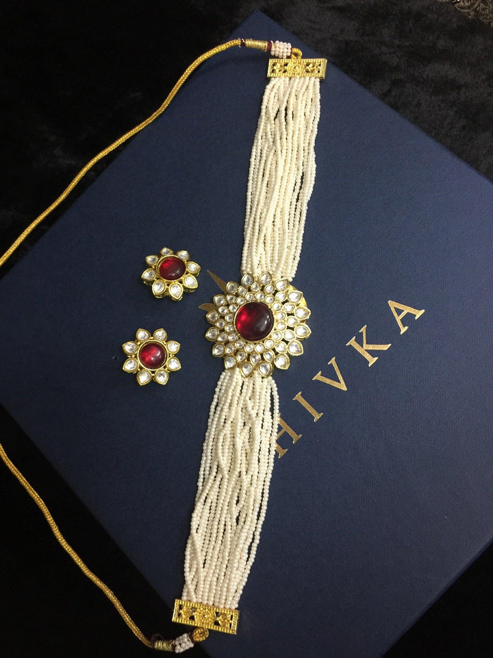 Red Kundan and Pearl Choker with Earrings - SHIVKA
