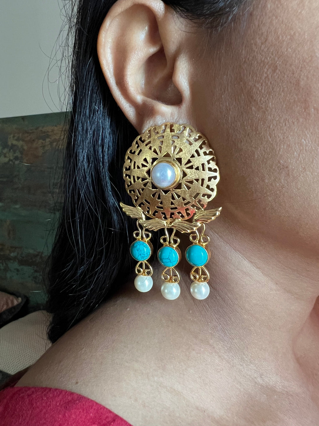 Gorgeous Pearls and Turquoise Cutwork Earrings