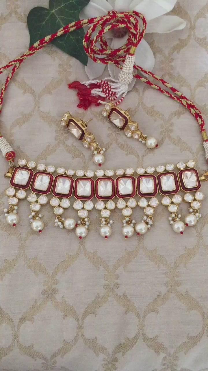 Pure 925 Moissanite Polki Silver Choker Necklace with Earrings