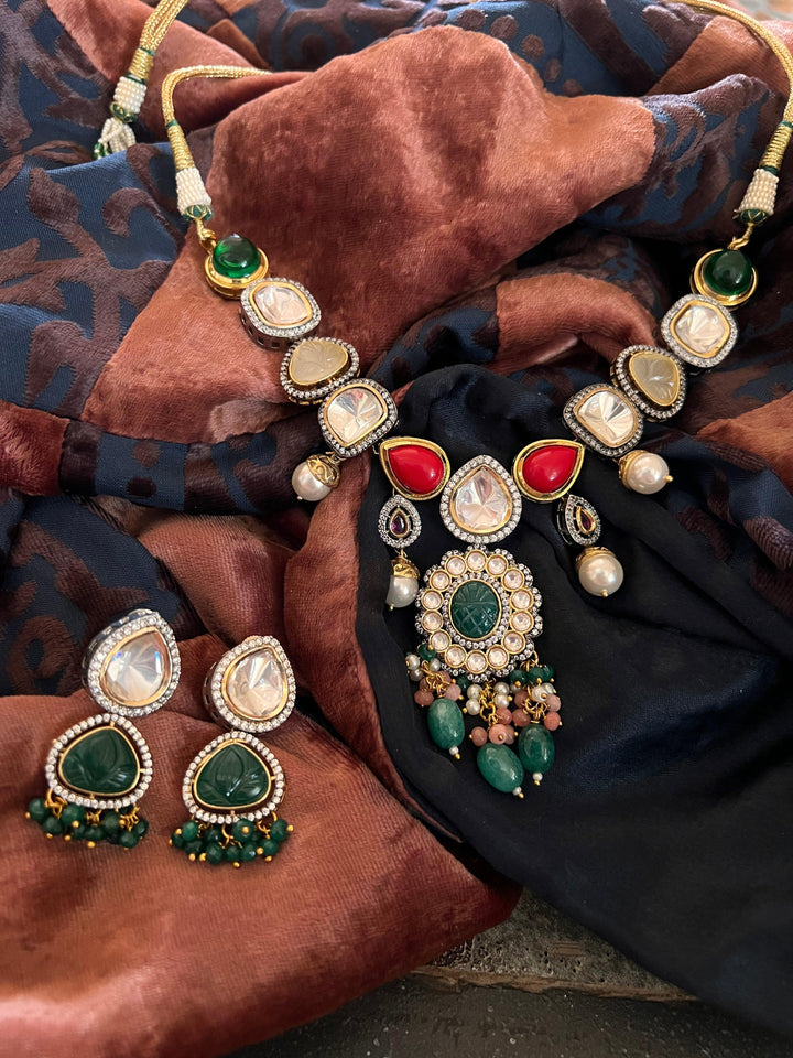 Scintillating Multicolored  Kundan Necklace with Statement Jhumka Earrings - SHIVKA