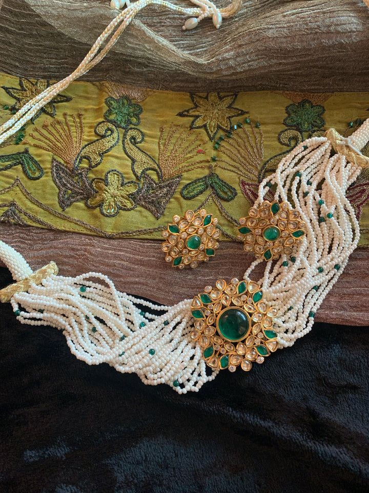 Pearl Kundan Choker Necklace with Studs - SHIVKA