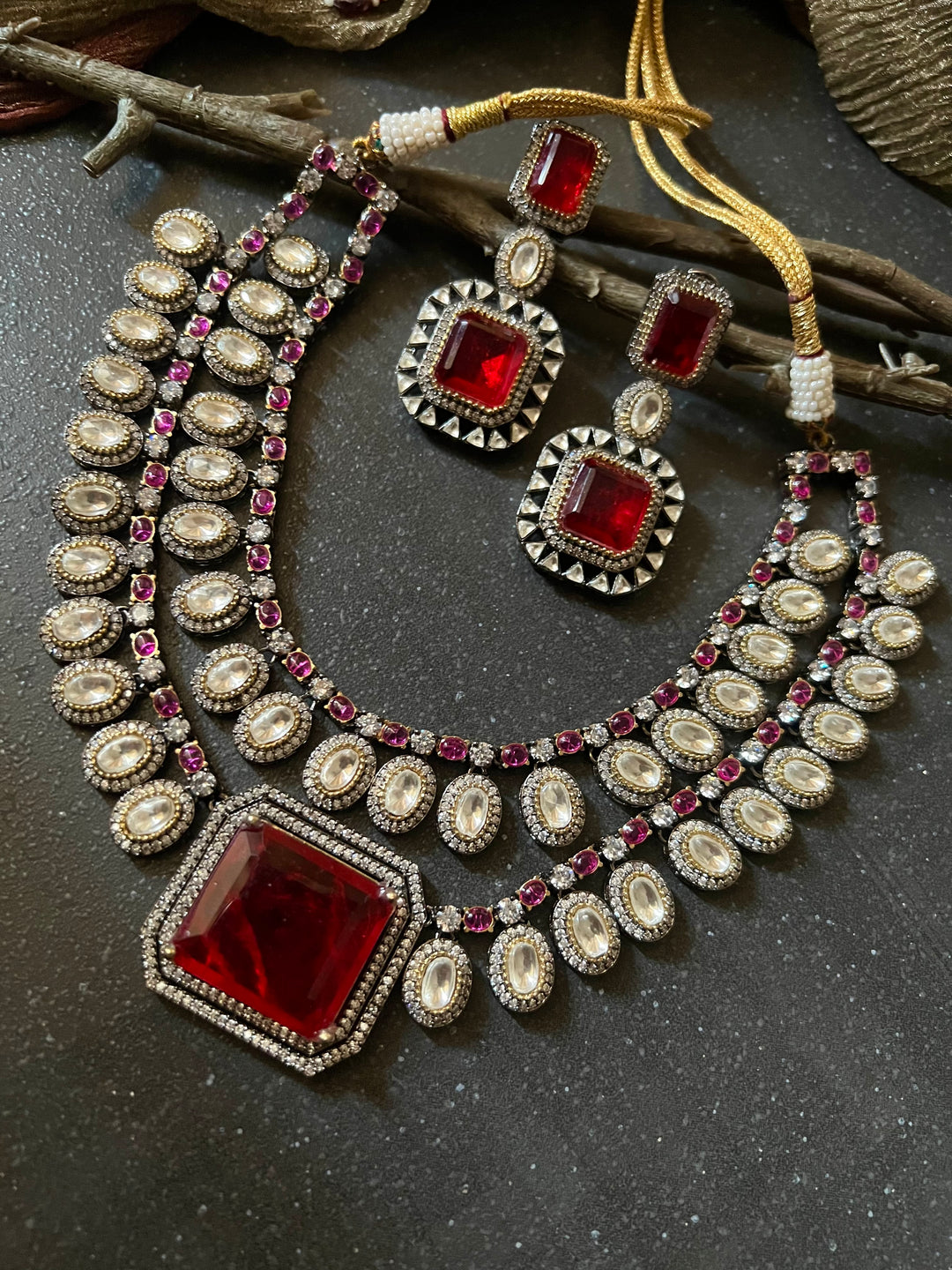 Statement CZ Polki Kundan Necklace with Earrings