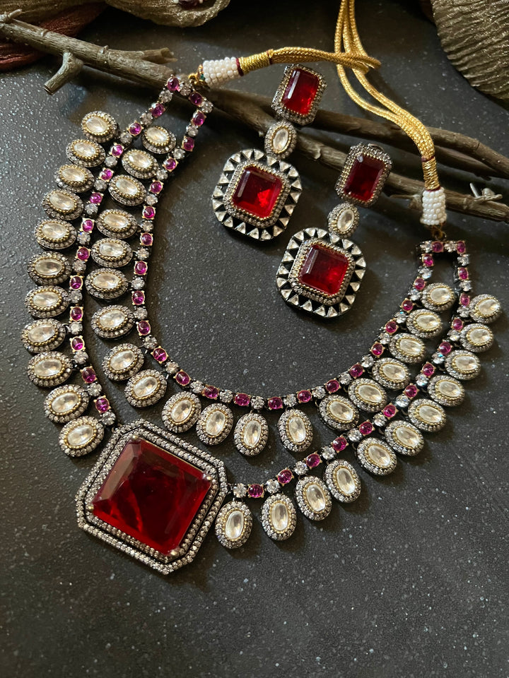Statement CZ Polki Kundan Necklace with Earrings