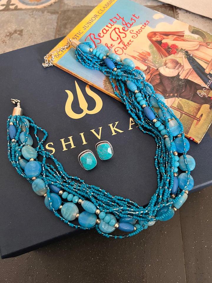 Blue Beaded Necklace with Turquoise Studs