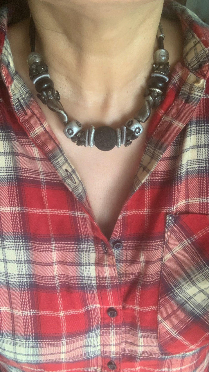 Statement Black and Silver Necklace with Antique Studs - SHIVKA