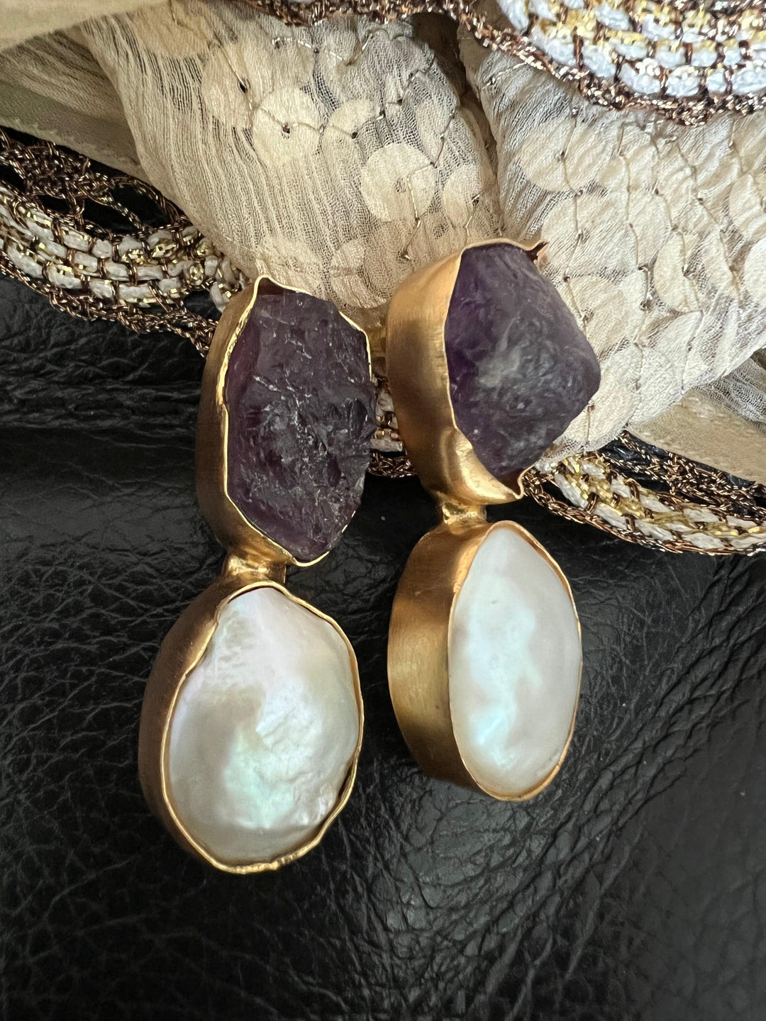 Raw Amethyst Baroque Pearls Studs - SHIVKA