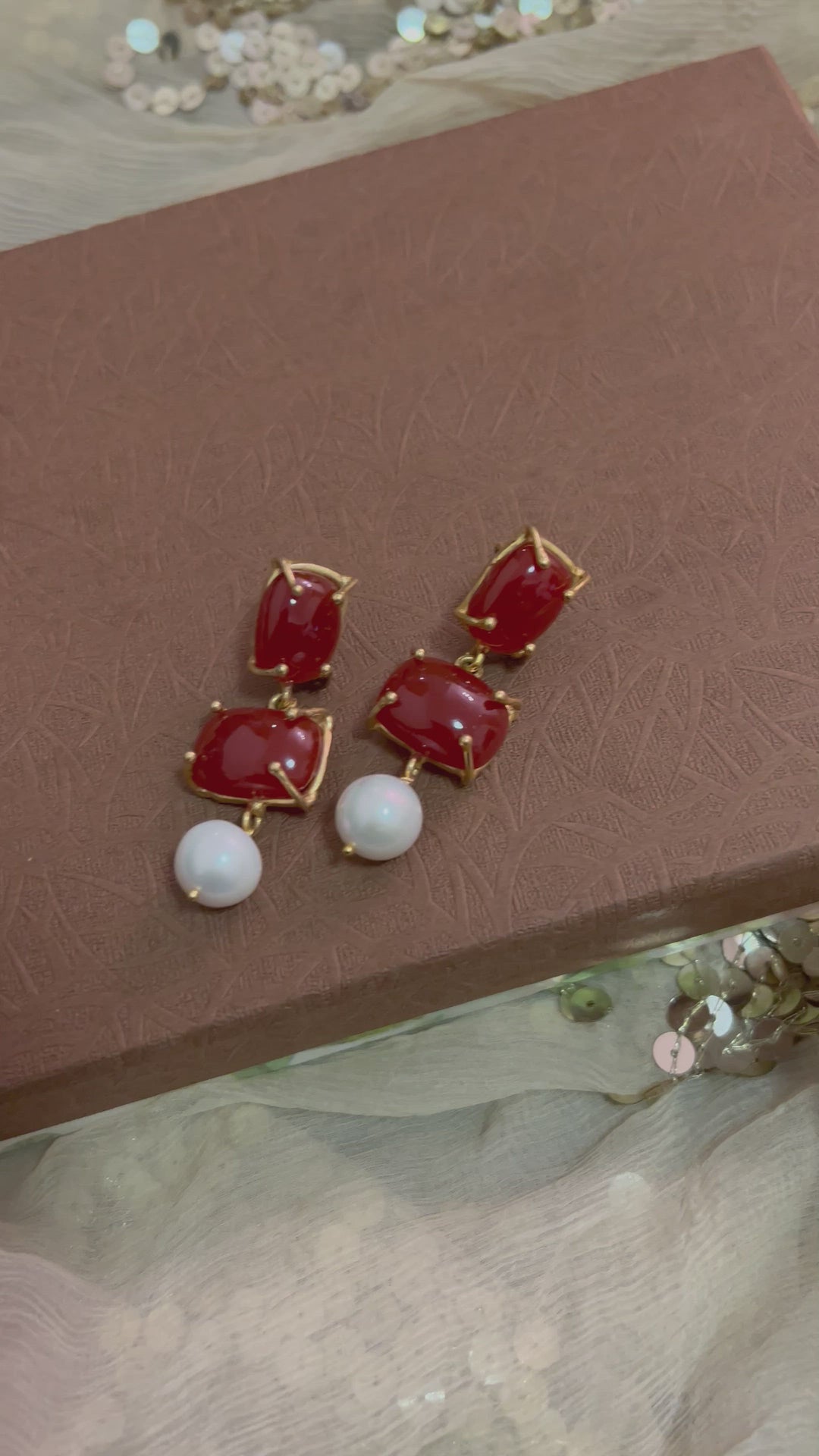 Elegant Carnelian & Pearl Brass Earrings | Gold Plated Prong Setting | SHIVKA Statement Jewelry