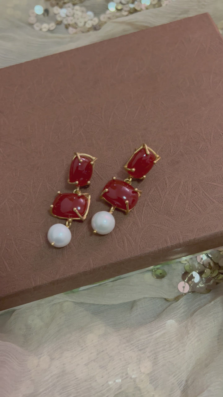 Elegant Carnelian & Pearl Brass Earrings | Gold Plated Prong Setting | SHIVKA Statement Jewelry