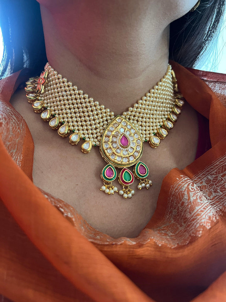 Pearl Mesh Kundan Choker with Earrings - SHIVKA