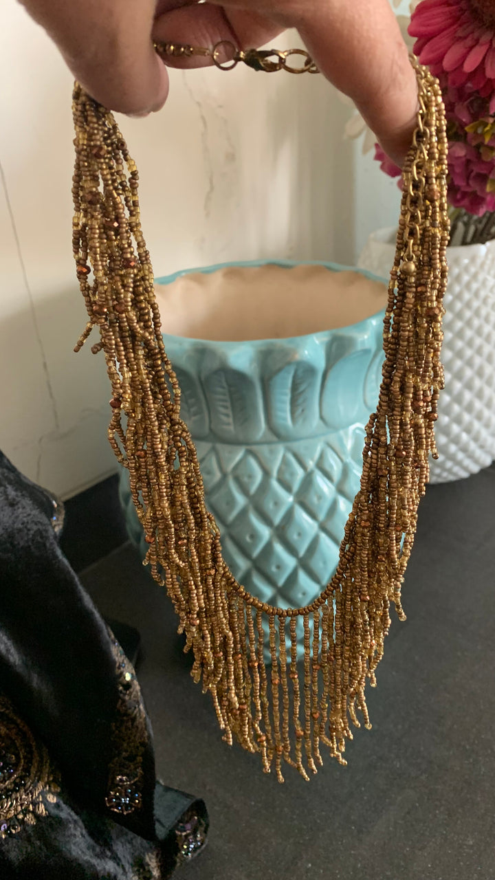 Boho Brown Beaded Necklace with Stone Studs