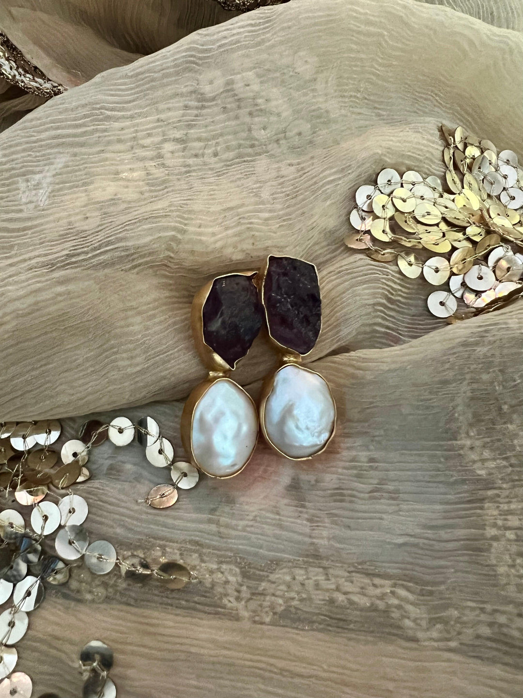 Raw Amethyst Baroque Pearls Studs - SHIVKA