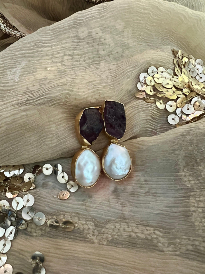 Raw Amethyst Baroque Pearls Studs - SHIVKA