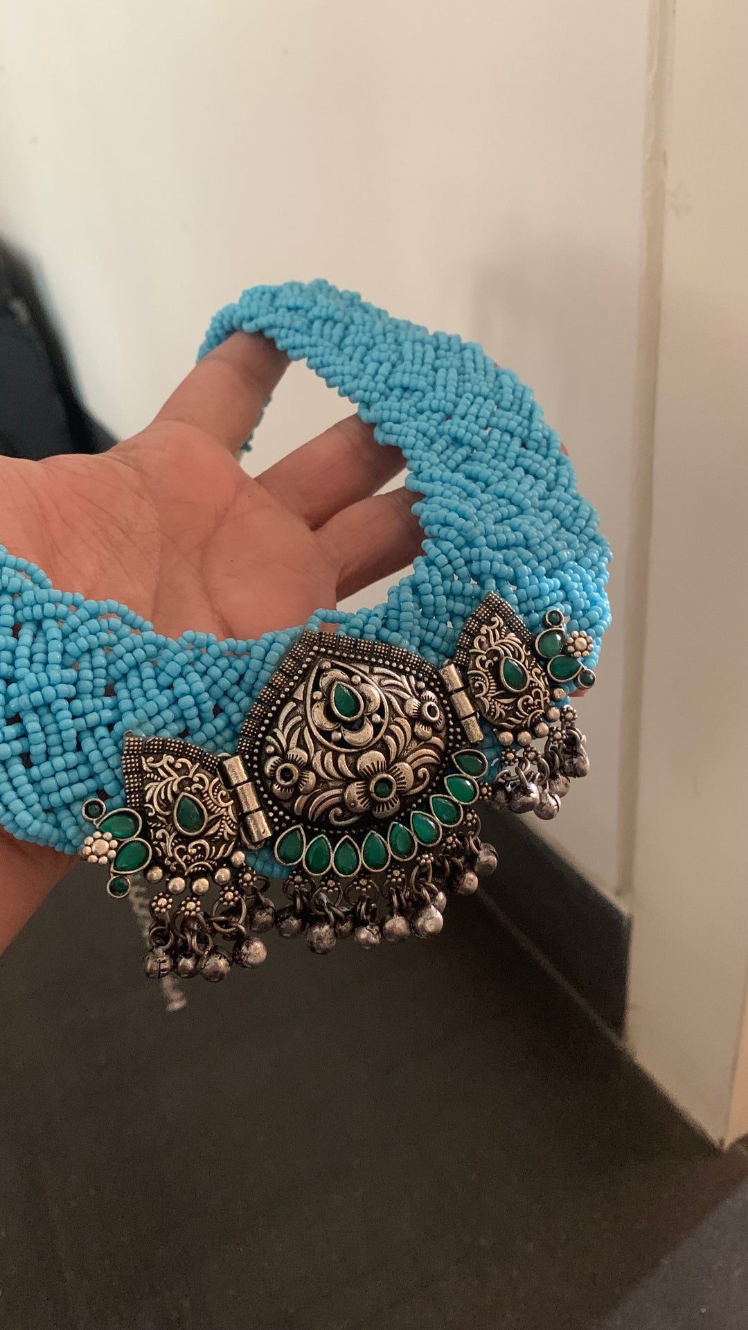 Designer Blue Beaded Antique Pendant Necklace with Earrings