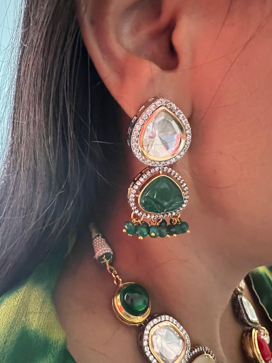 Scintillating Multicolored  Kundan Necklace with Statement Jhumka Earrings - SHIVKA