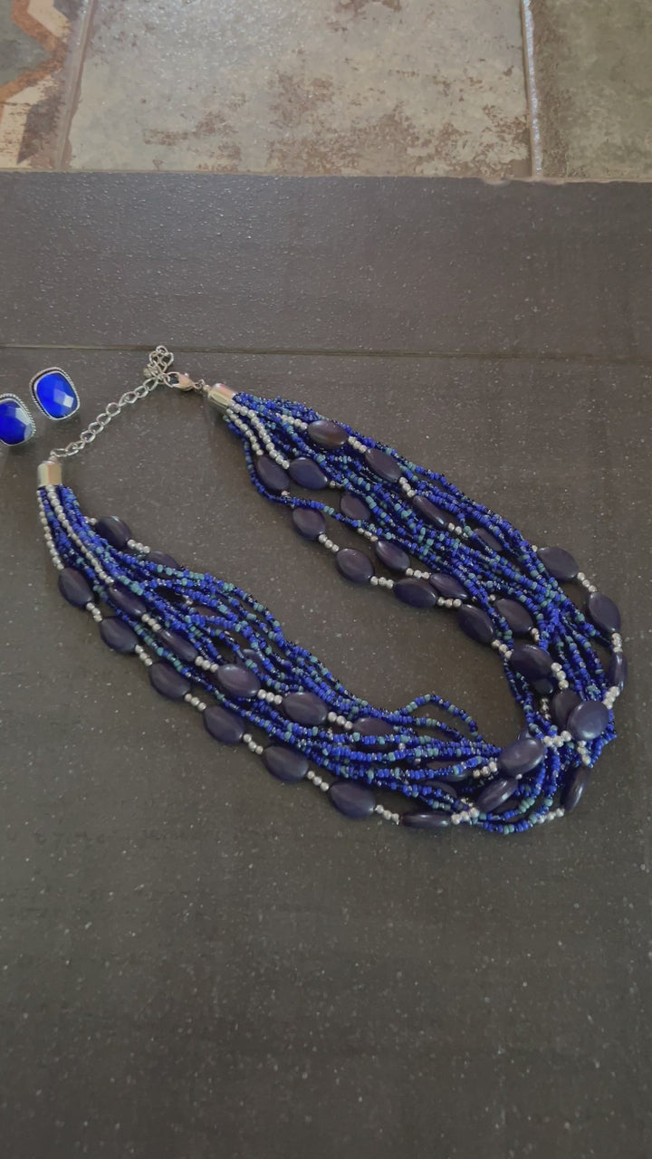 Bright Blue Beaded Necklace with Studs