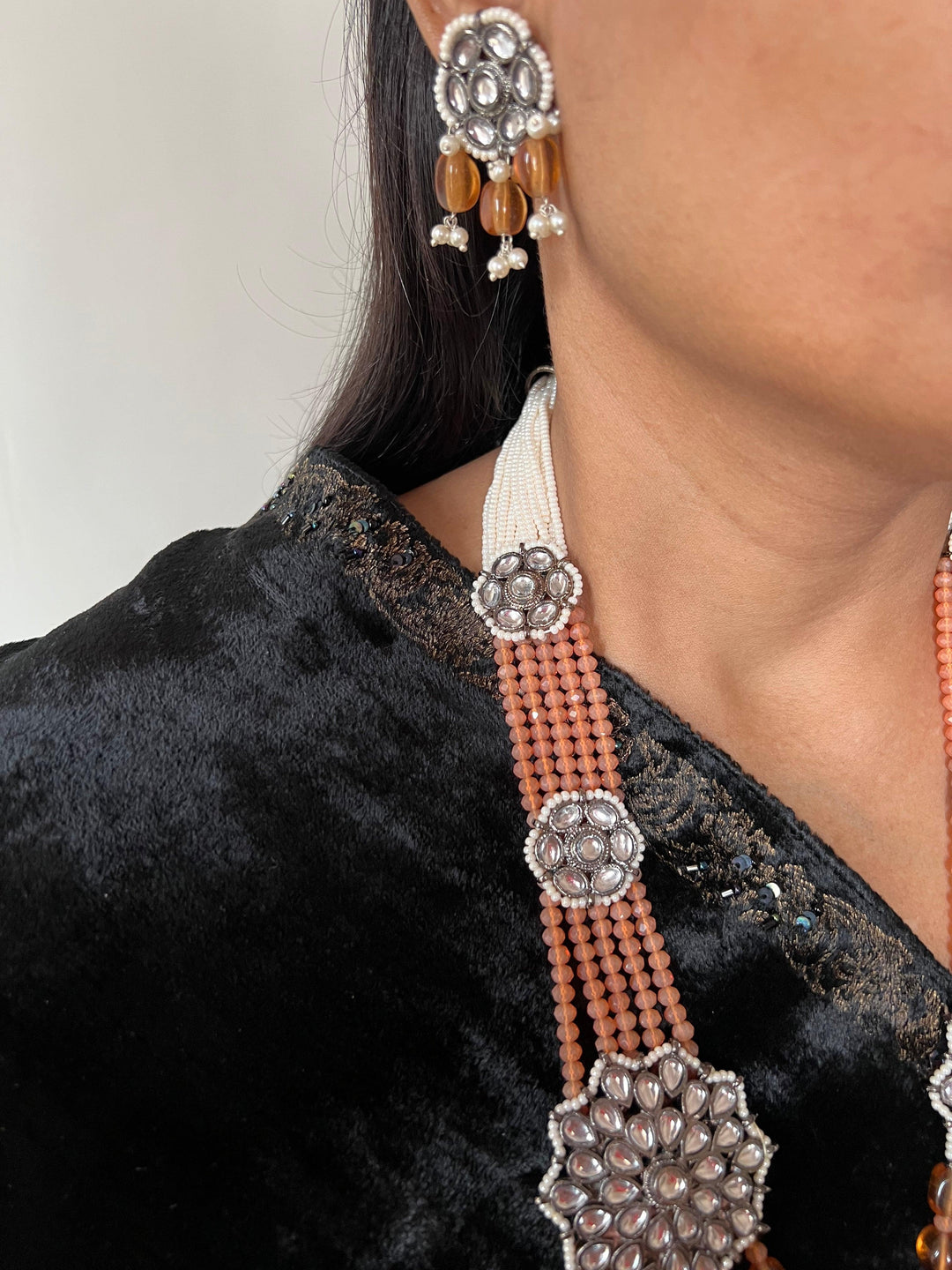 Multilayered Antique Kundan Necklace with Earrings - SHIVKA