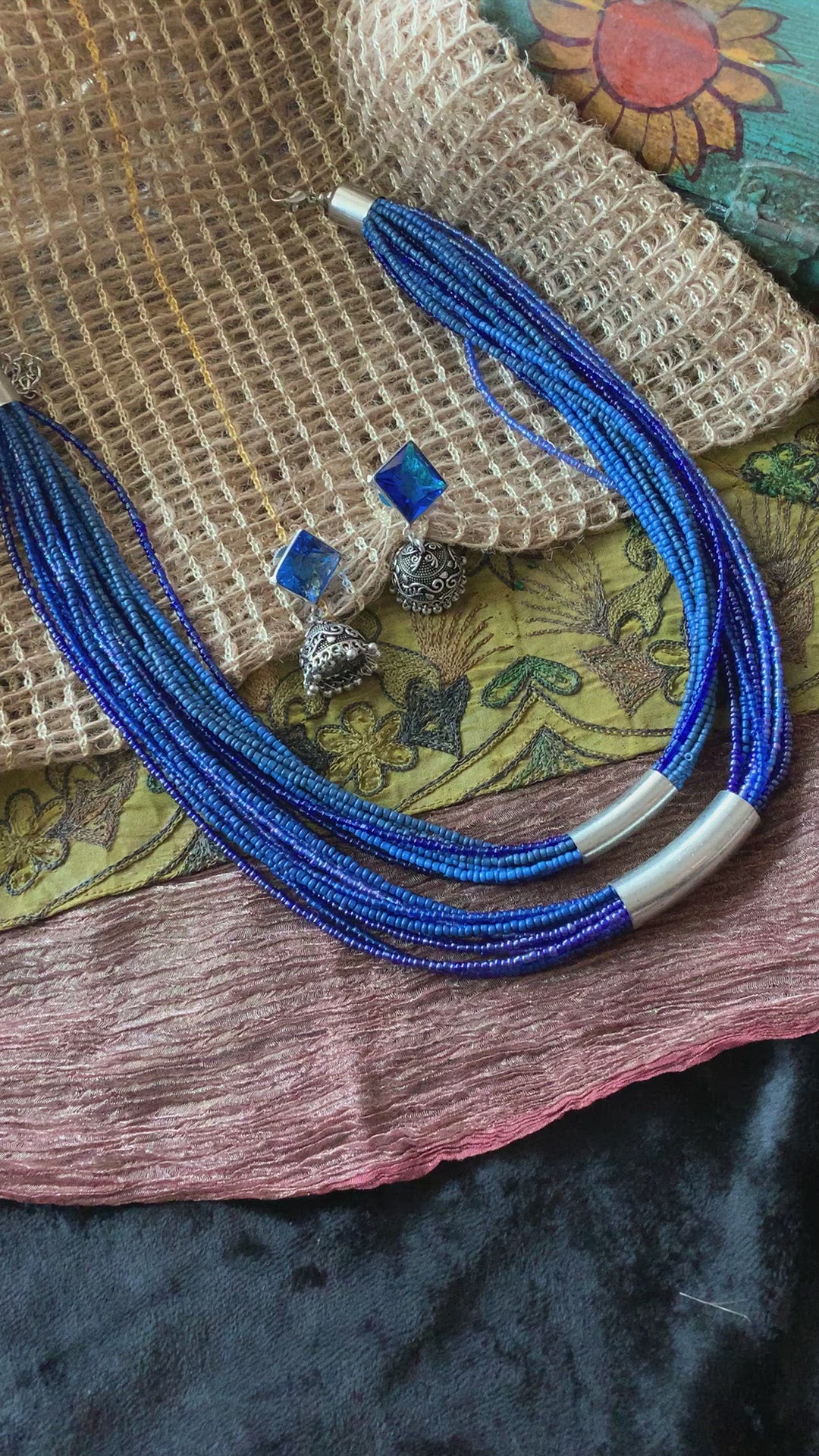 Royal Blue Ethnic Necklace with Antique Jhumkis