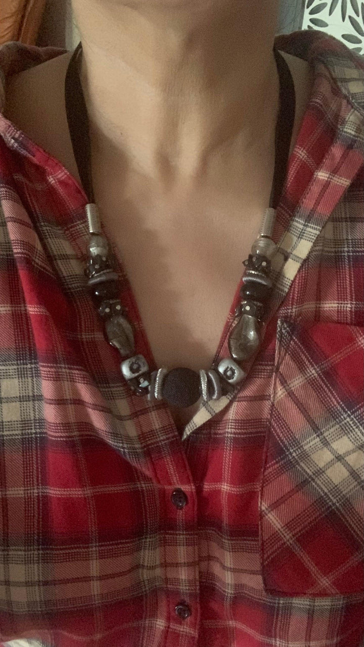 Statement Black and Silver Necklace with Antique Studs - SHIVKA