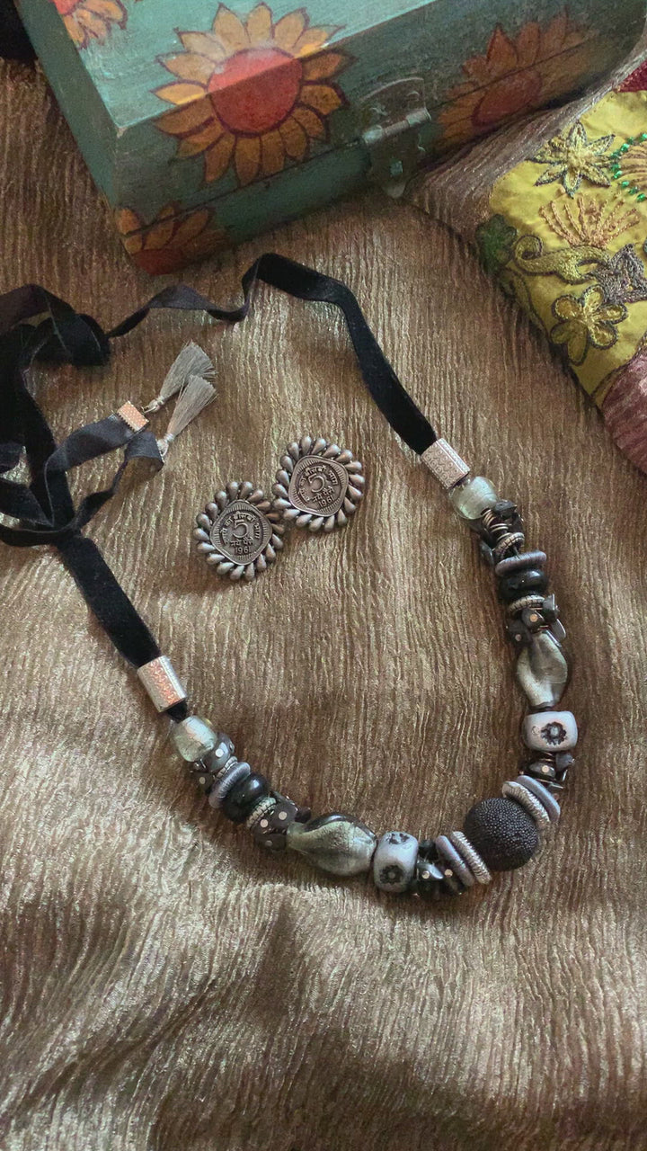 Black Silver Grey Combo Necklace with Antique Coin Studs