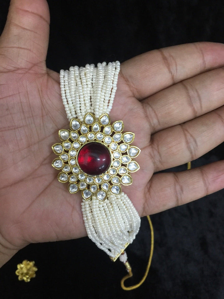 Red Kundan and Pearl Choker with Earrings - SHIVKA