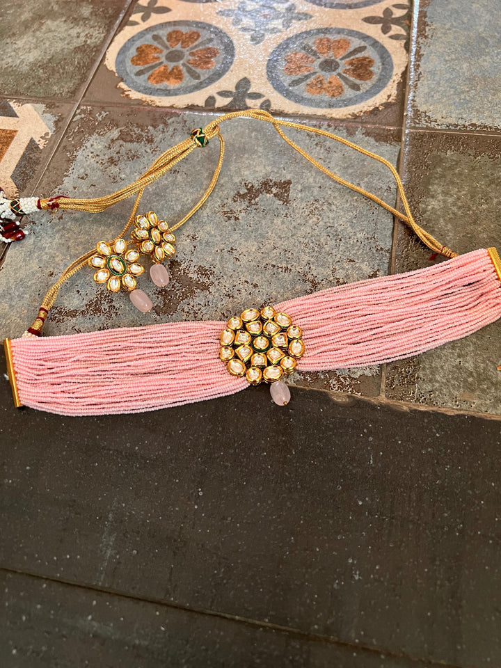 Pink Kundan Choker with Earrings - SHIVKA