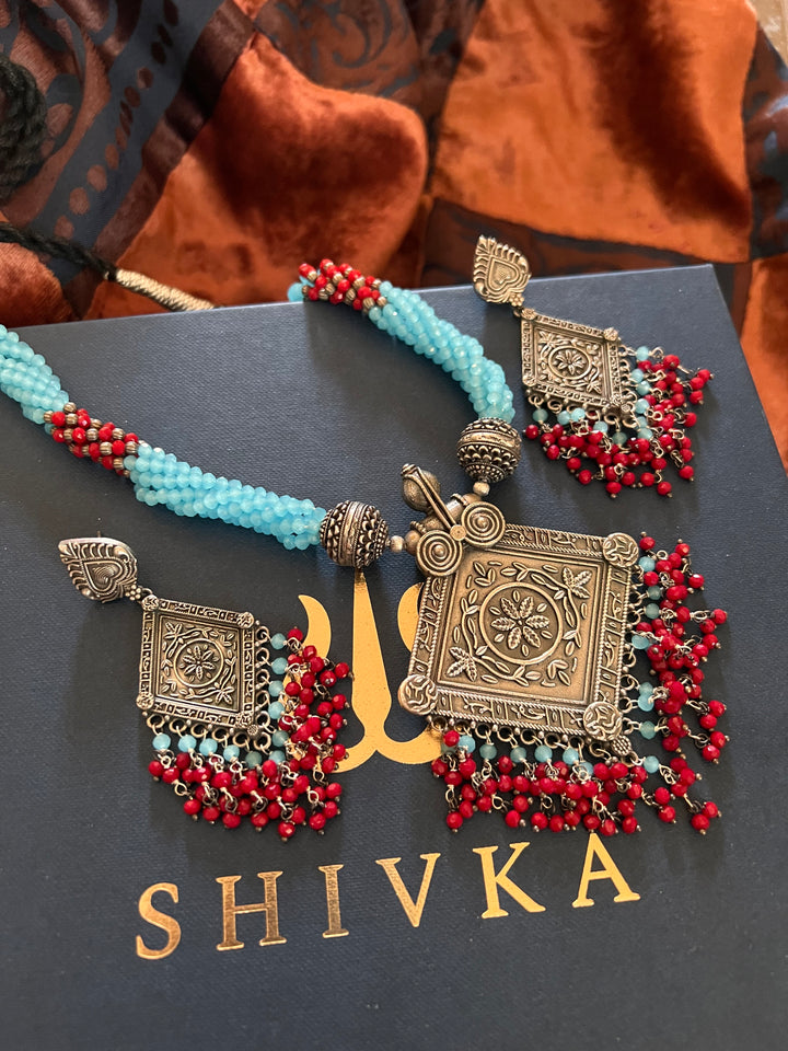 Beautiful Blue and Red Pendant Necklace with Statement Earrings