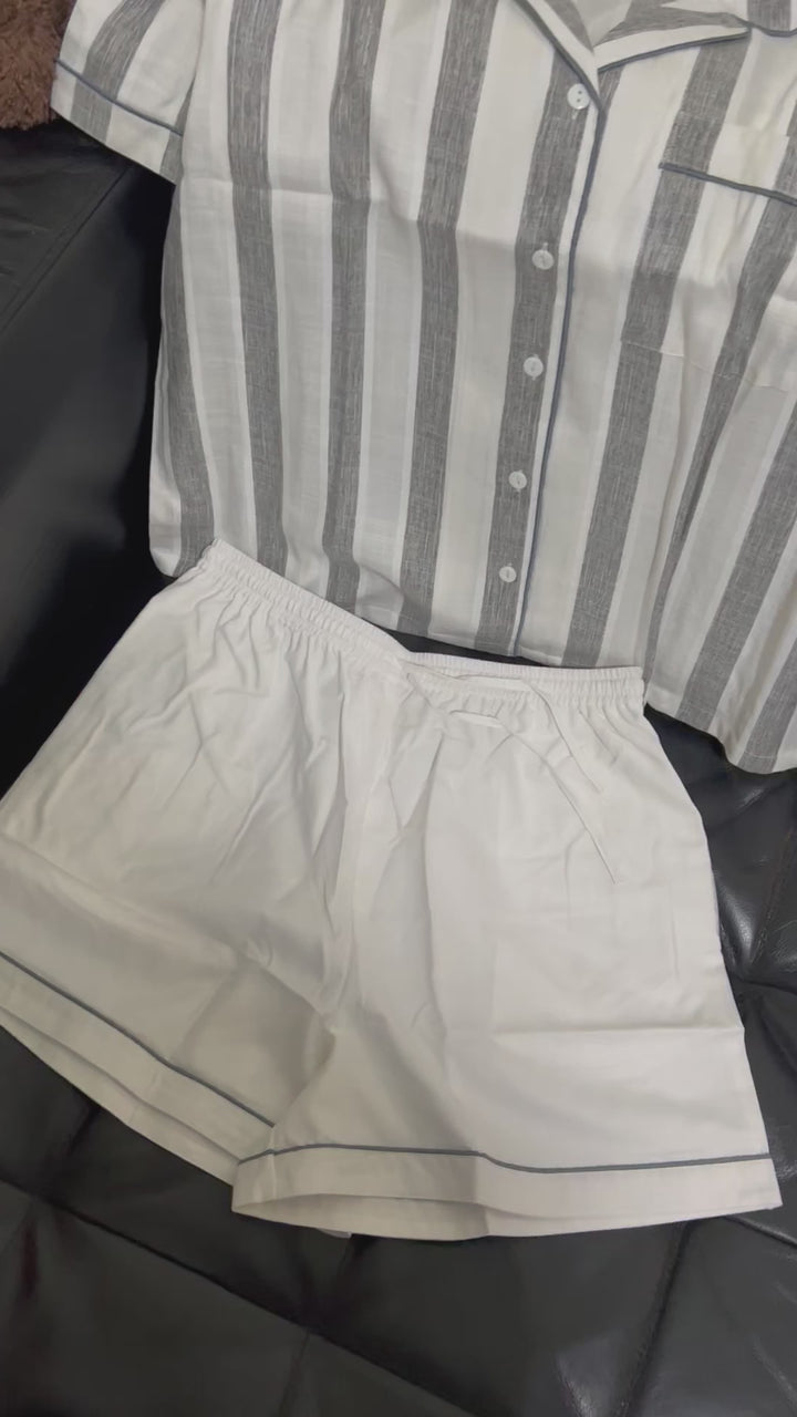 Grey and White Cotton Night Suit - Set of Two