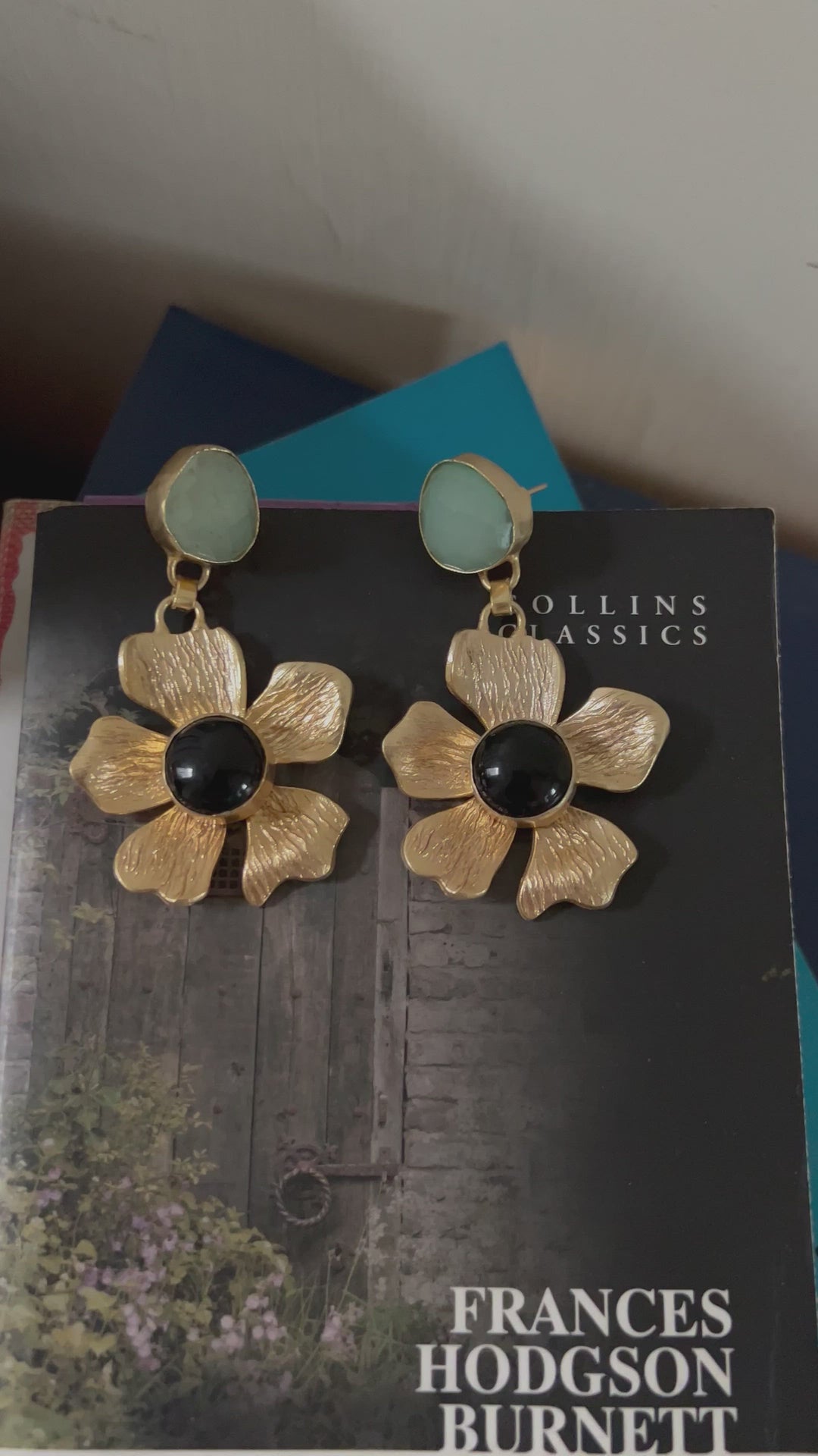 Onyx and Chalcedony Flower Design Earrings