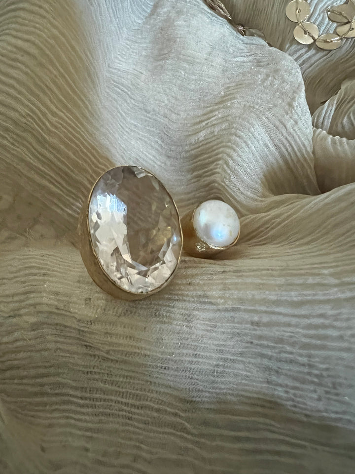 Quartz Crystal & Pearl Designer Ring | US Size 7 | Gold-Plated Statement Ring by SHIVKA