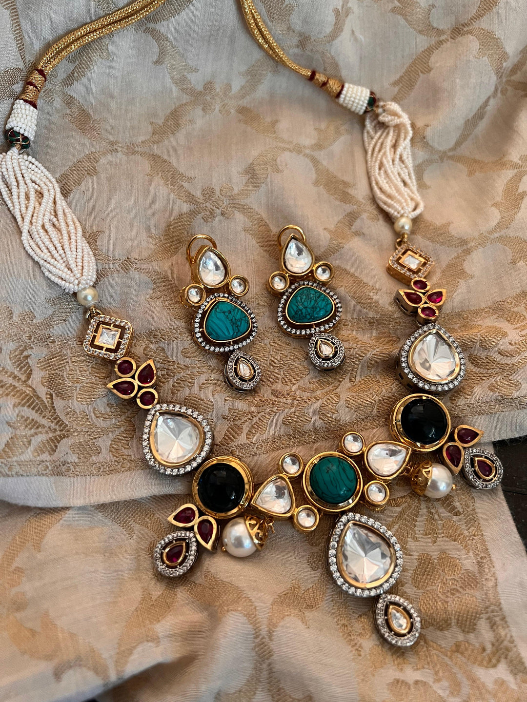Scintillating Multicolored  Kundan Necklace with Statement Jhumka Earrings - SHIVKA