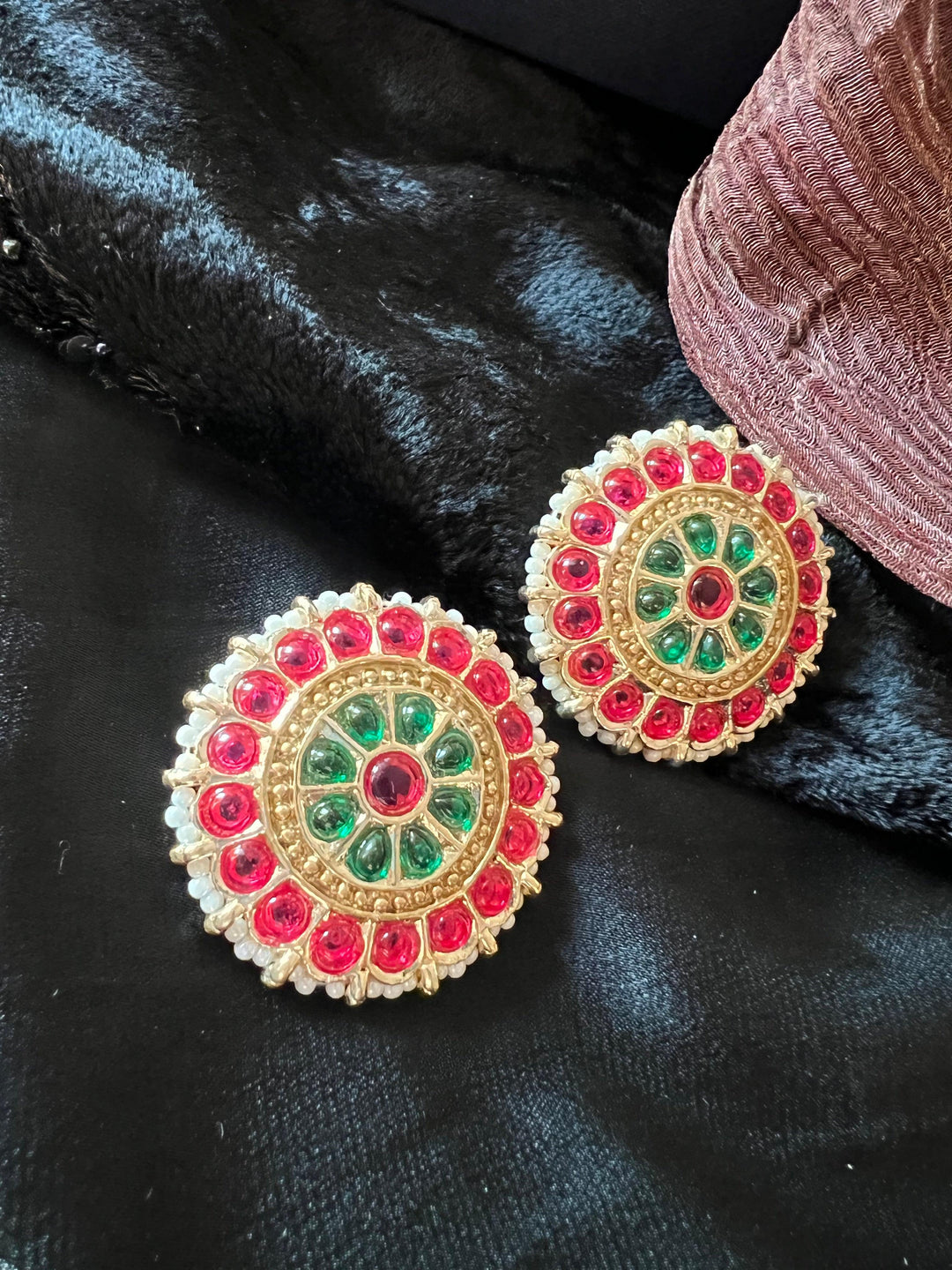 Oversize Red and Green Enamelled Studs - SHIVKA